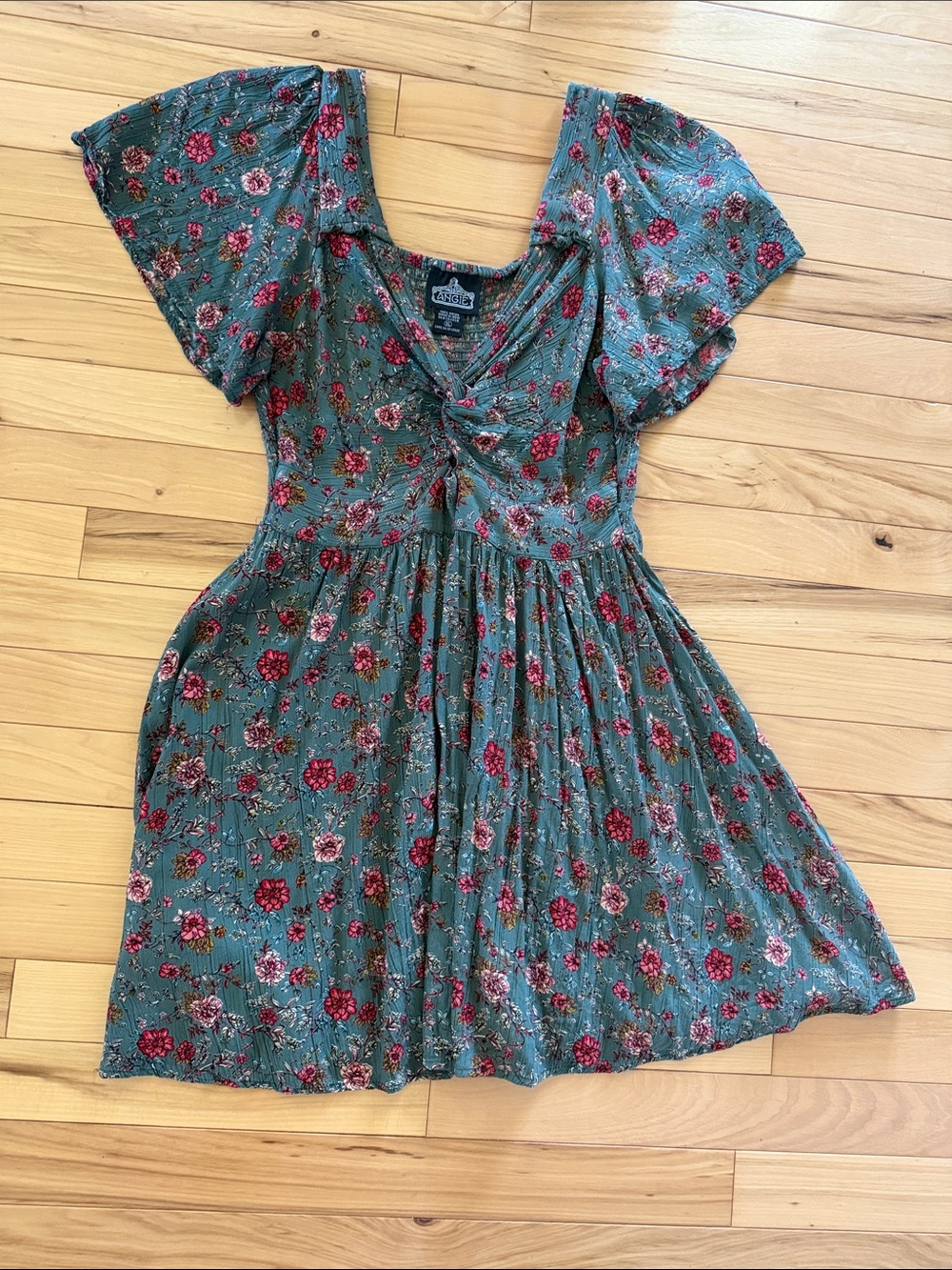 Angie Green Floral Mini Dress with Red & Pink Flowers